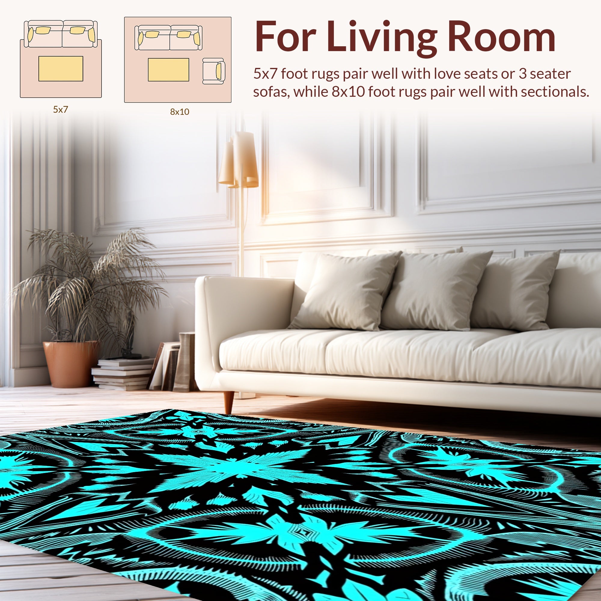 Bold Cyan Black Abstract Pattern Rug