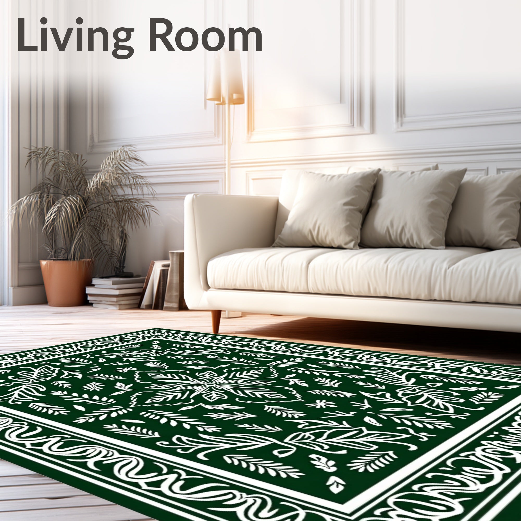 Dark Green White Botanical Floral Pattern Rug