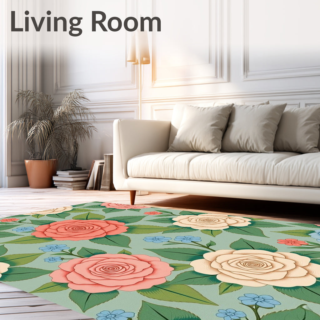 Charming Pink Beige Blue Rose Pattern Rug