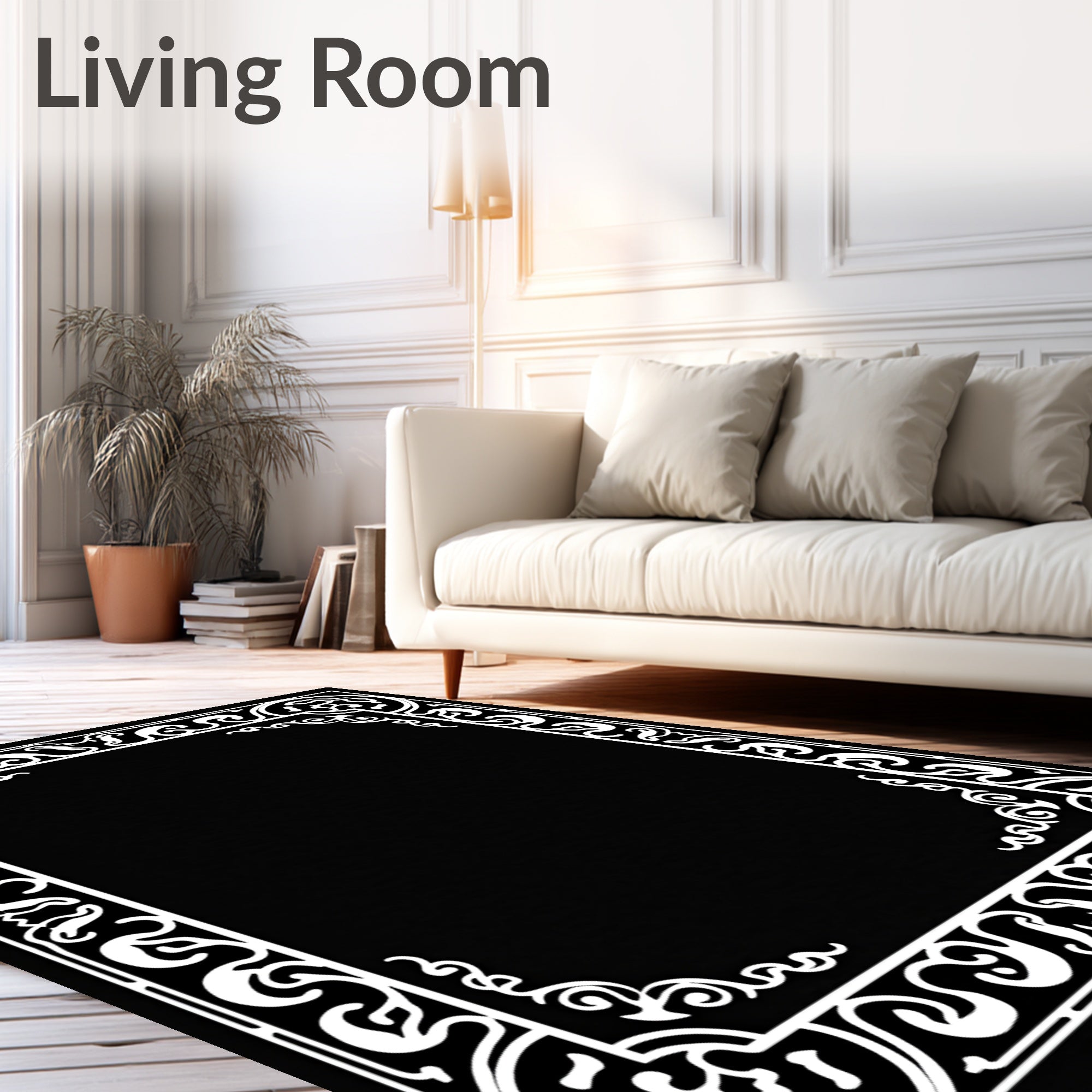 Ornate White Scrollwork Border Design Rug