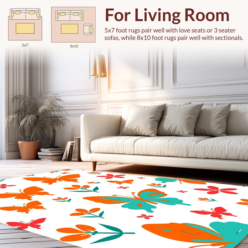 Orange Teal Butterfly Flower Pattern Rug