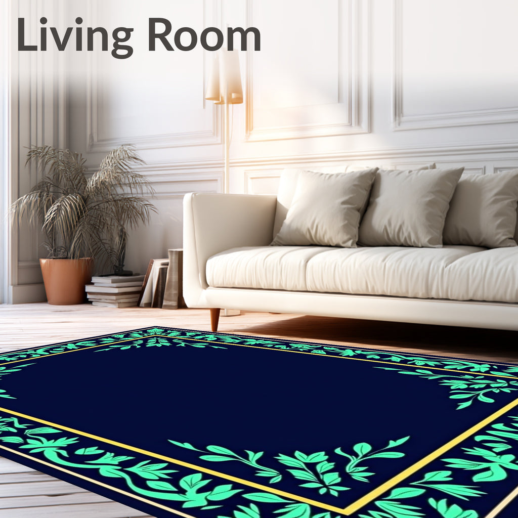 Navy Blue Botanical Frame Design Rug