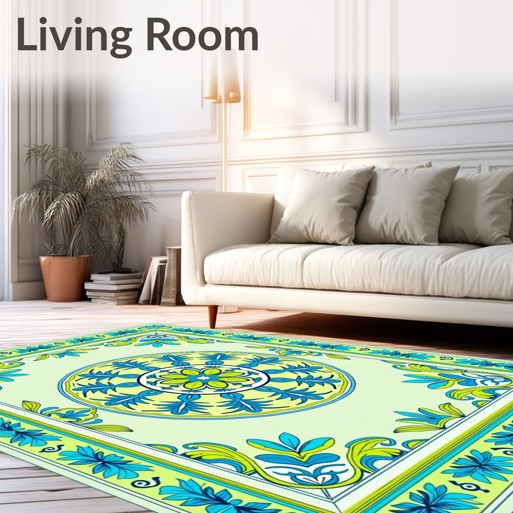Vibrant Blue Green Floral Mandala Rug