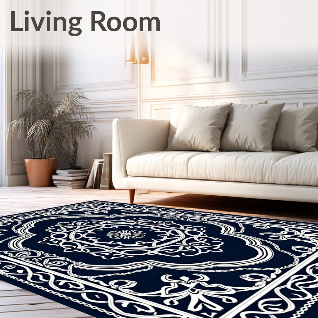 Ornate White Floral Lattice Dark Rug