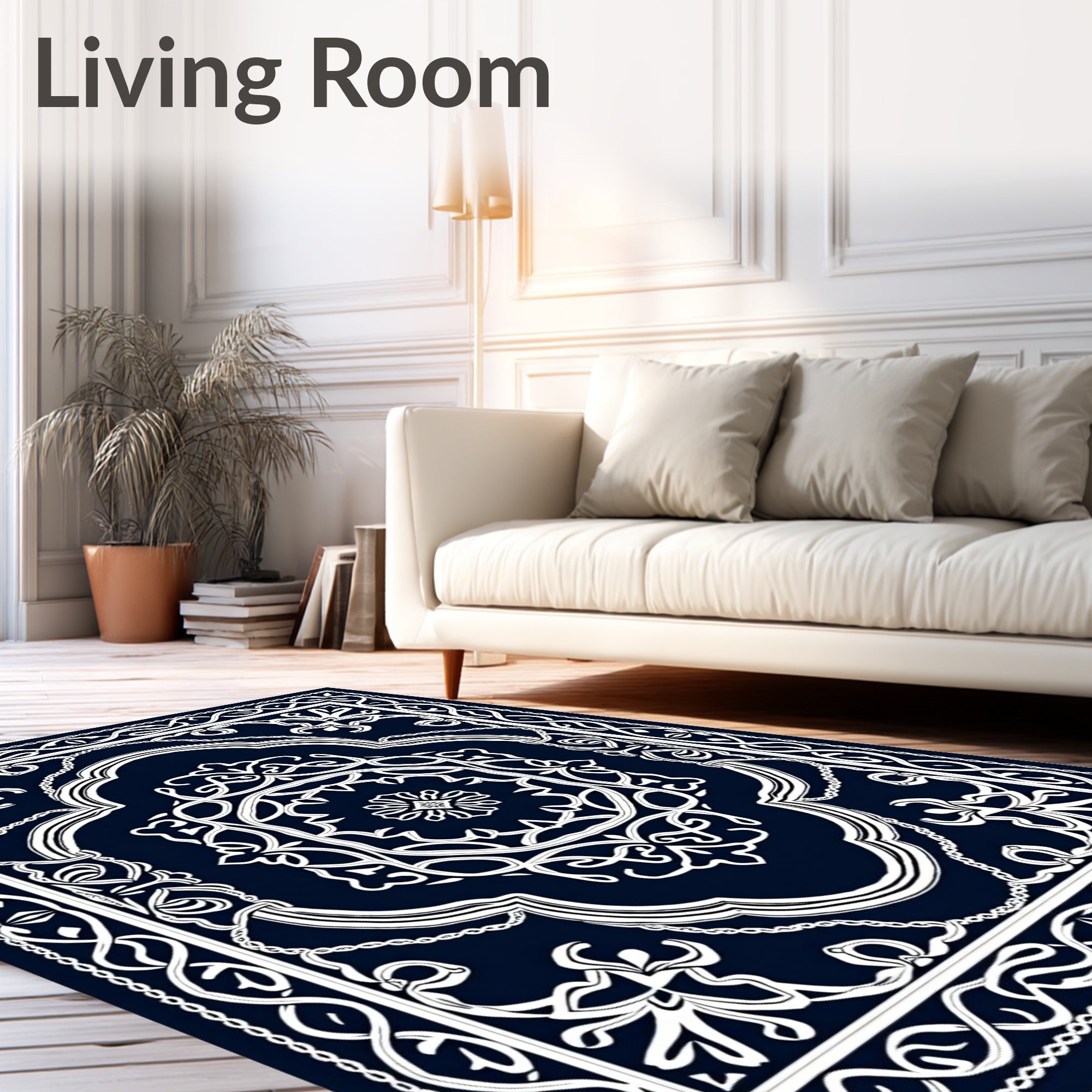 Ornate White Floral Lattice Dark Rug