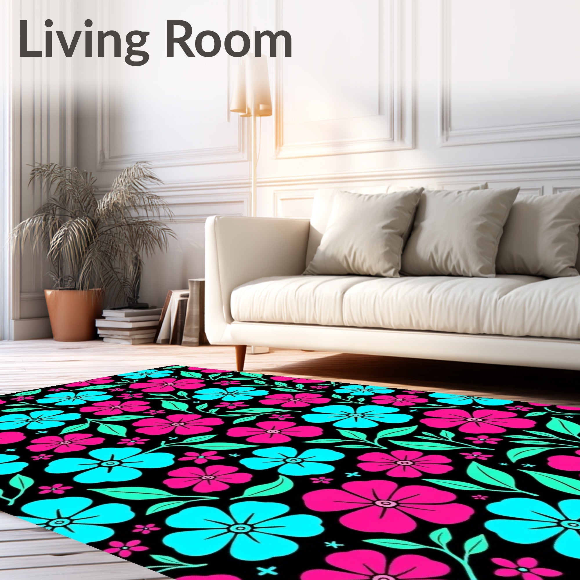 Bright Pink Aqua Floral Botanical Rug