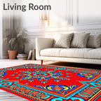 Bright Red Blue Yellow Floral Motif Rug