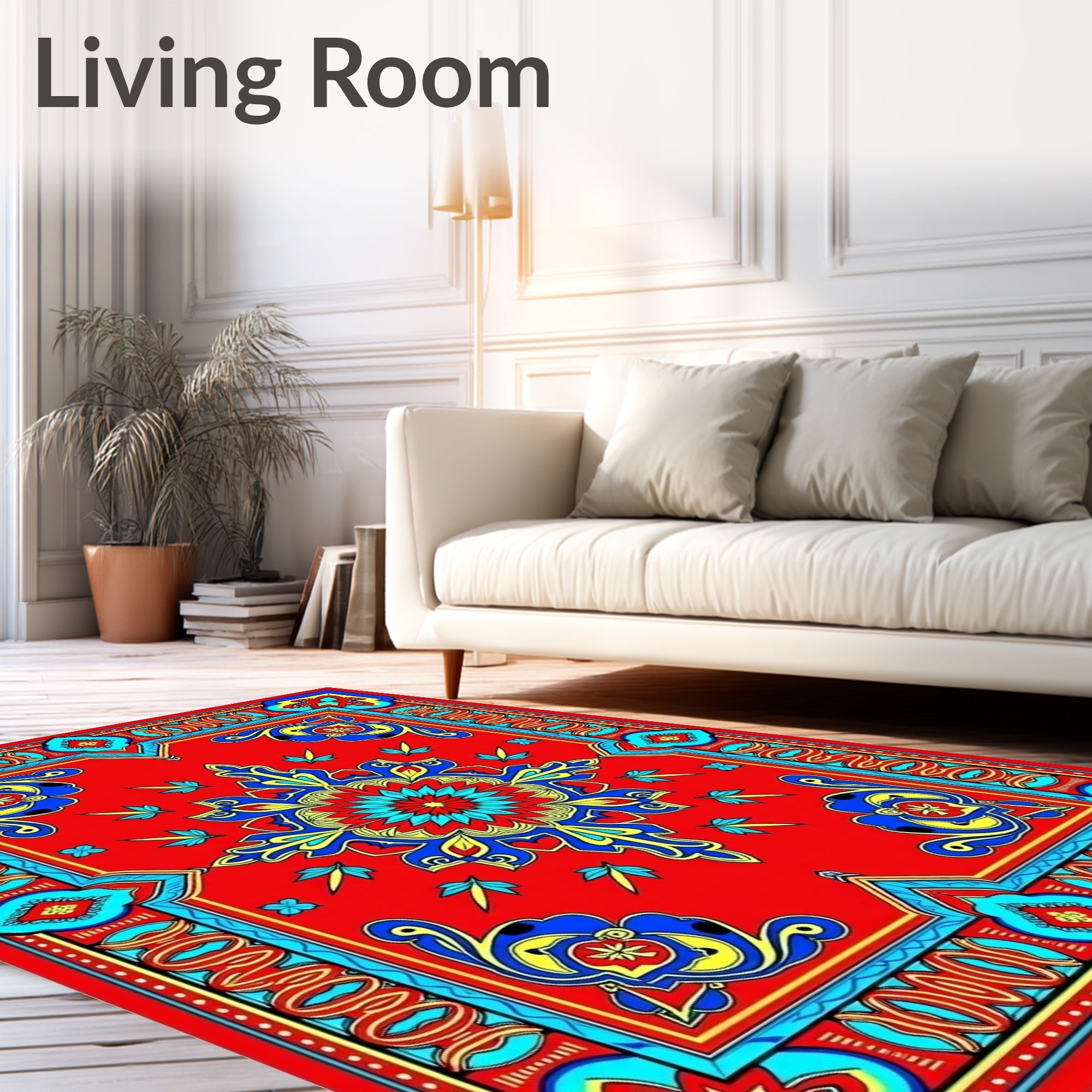 Bright Red Blue Yellow Floral Motif Rug