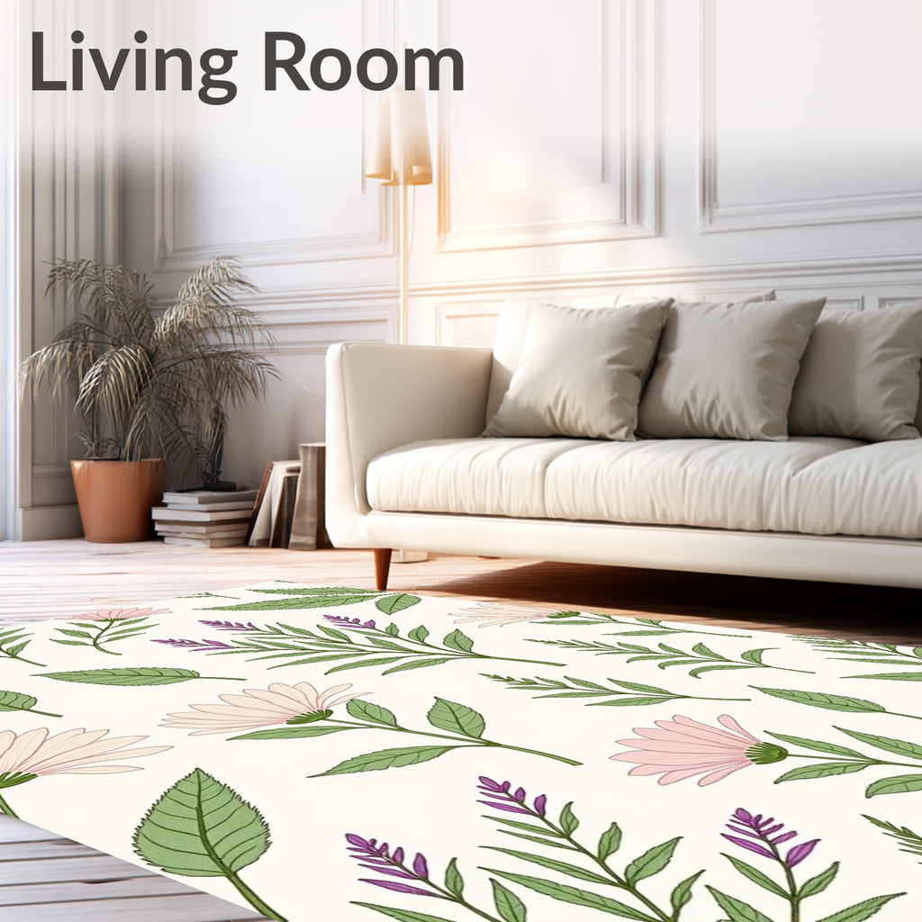 Botanical Leaf and Flower Pattern Rug