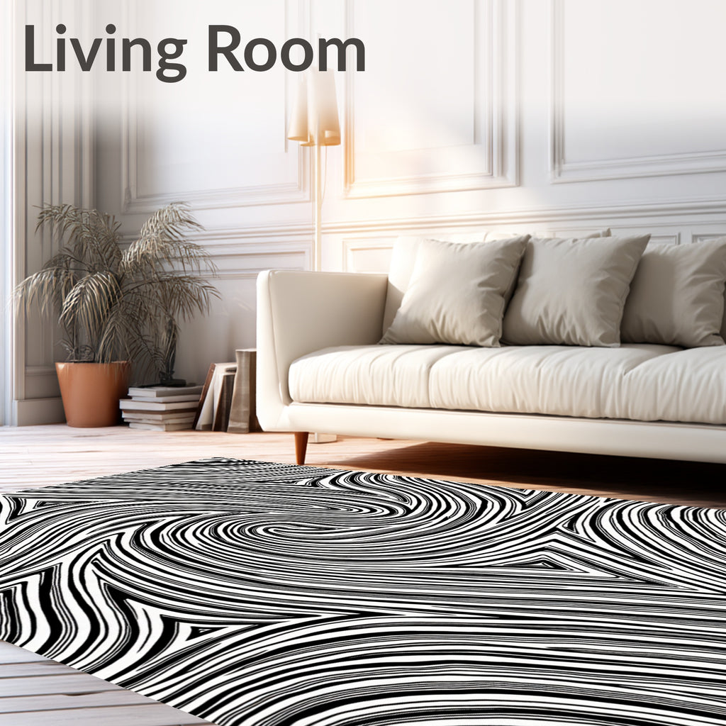 Dynamic Black White Swirl Pattern Rug