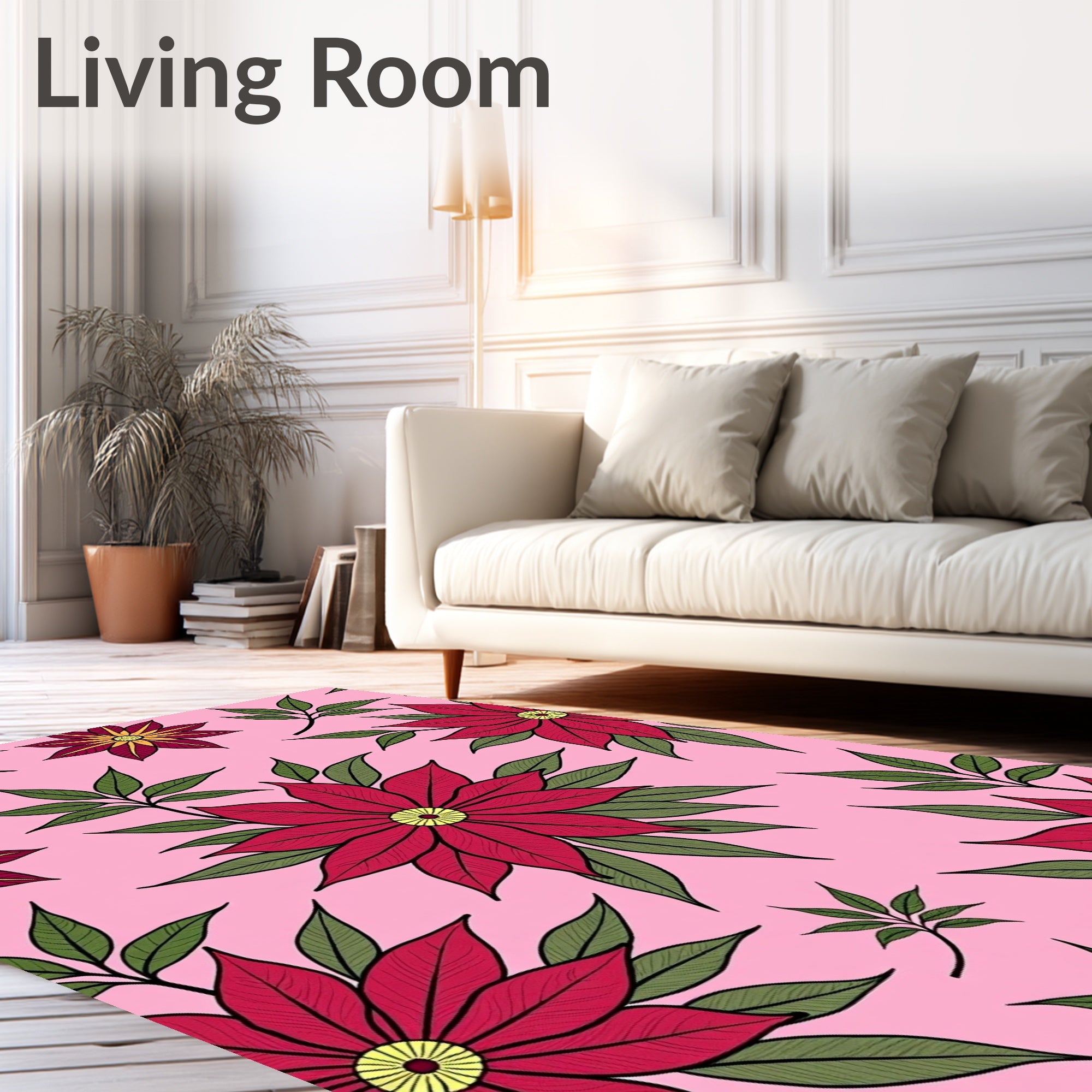 Red Floral Pattern on Pink Background Rug