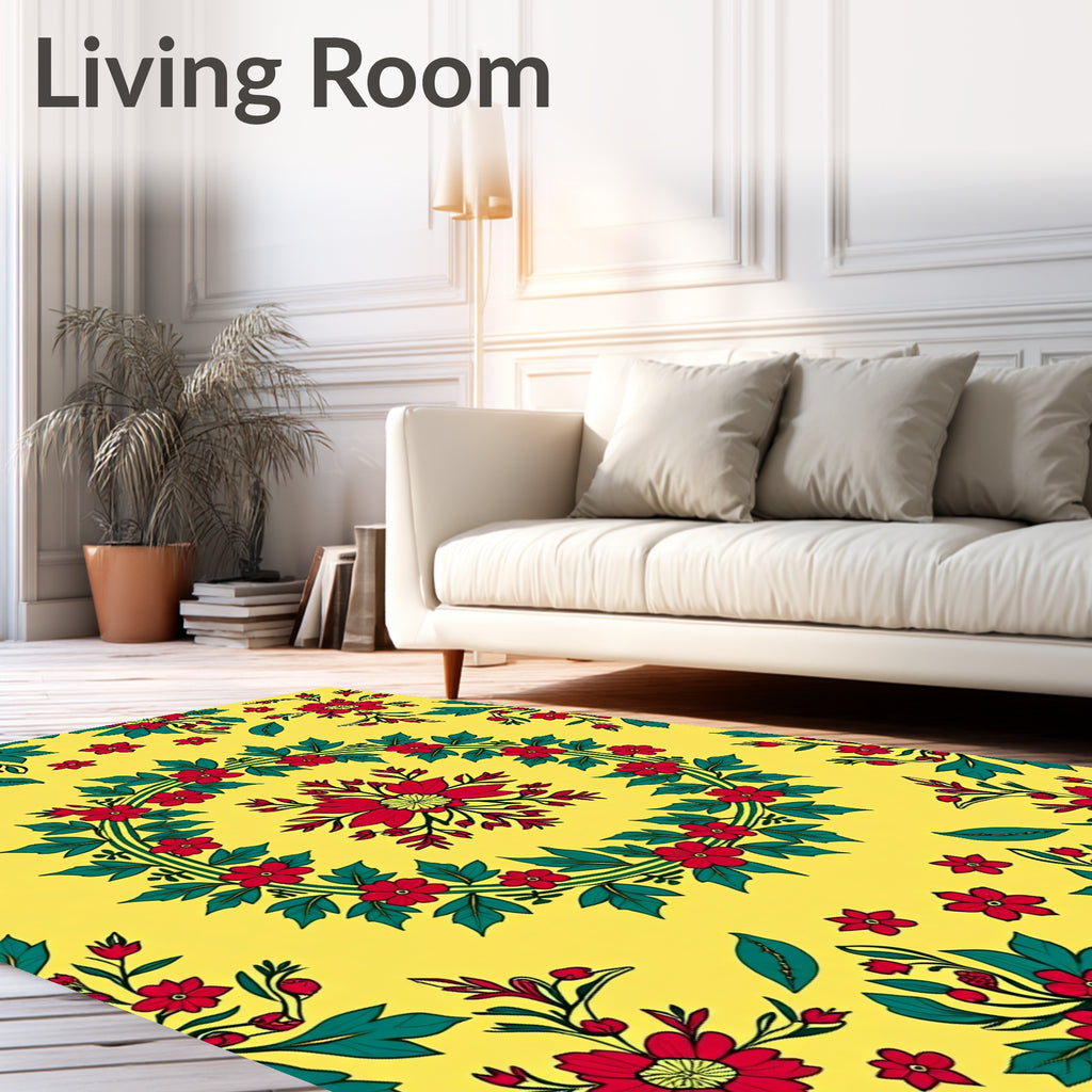 Red Floral Wreath Patterned Yellow Rug