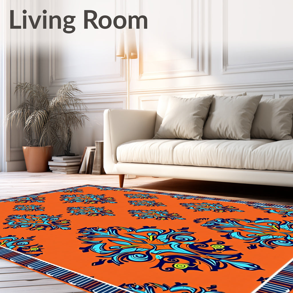 Ornate Blue Teal Orange Pattern Rug