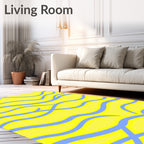 Bright Yellow Blue Wavy Abstract Design Rug