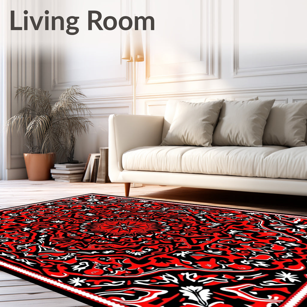 Intense Red Black Mandala Pattern Rug