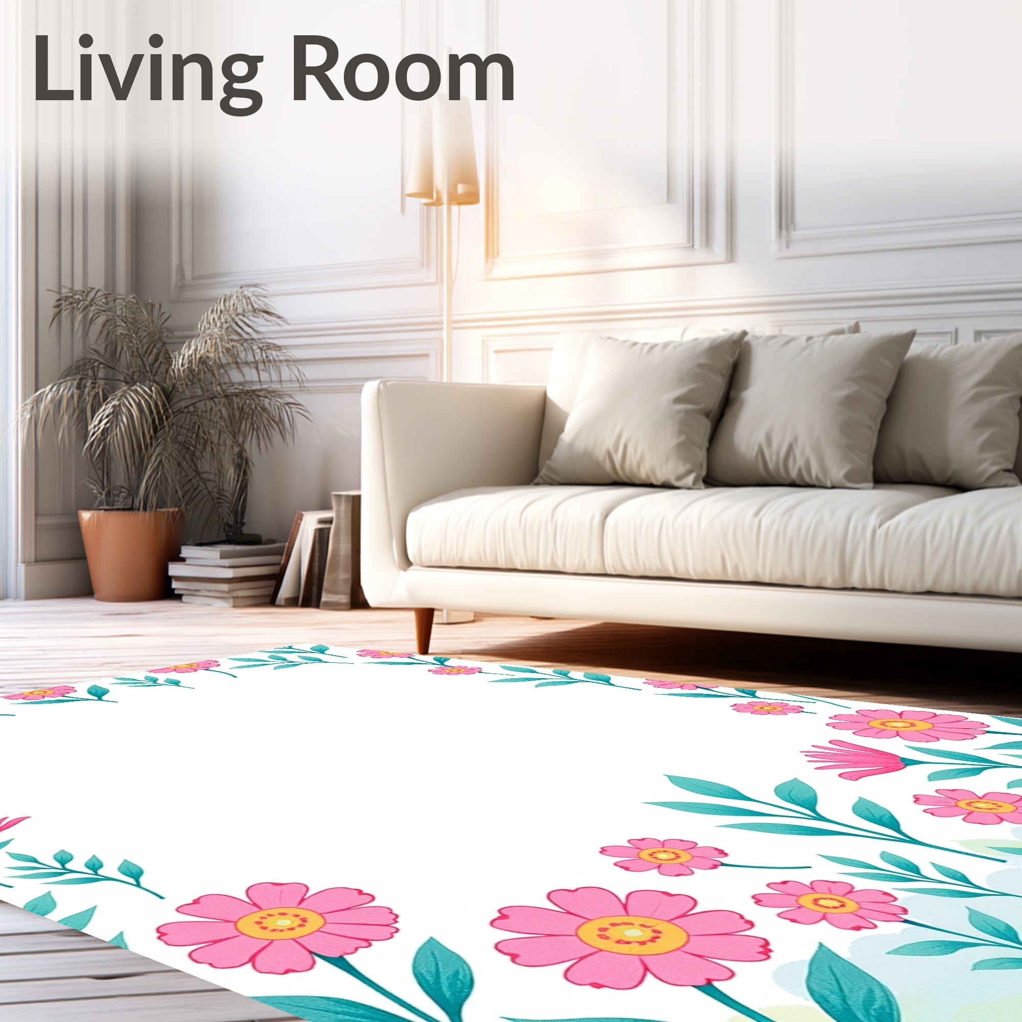 Whimsical Pink Floral Branch Border Rug
