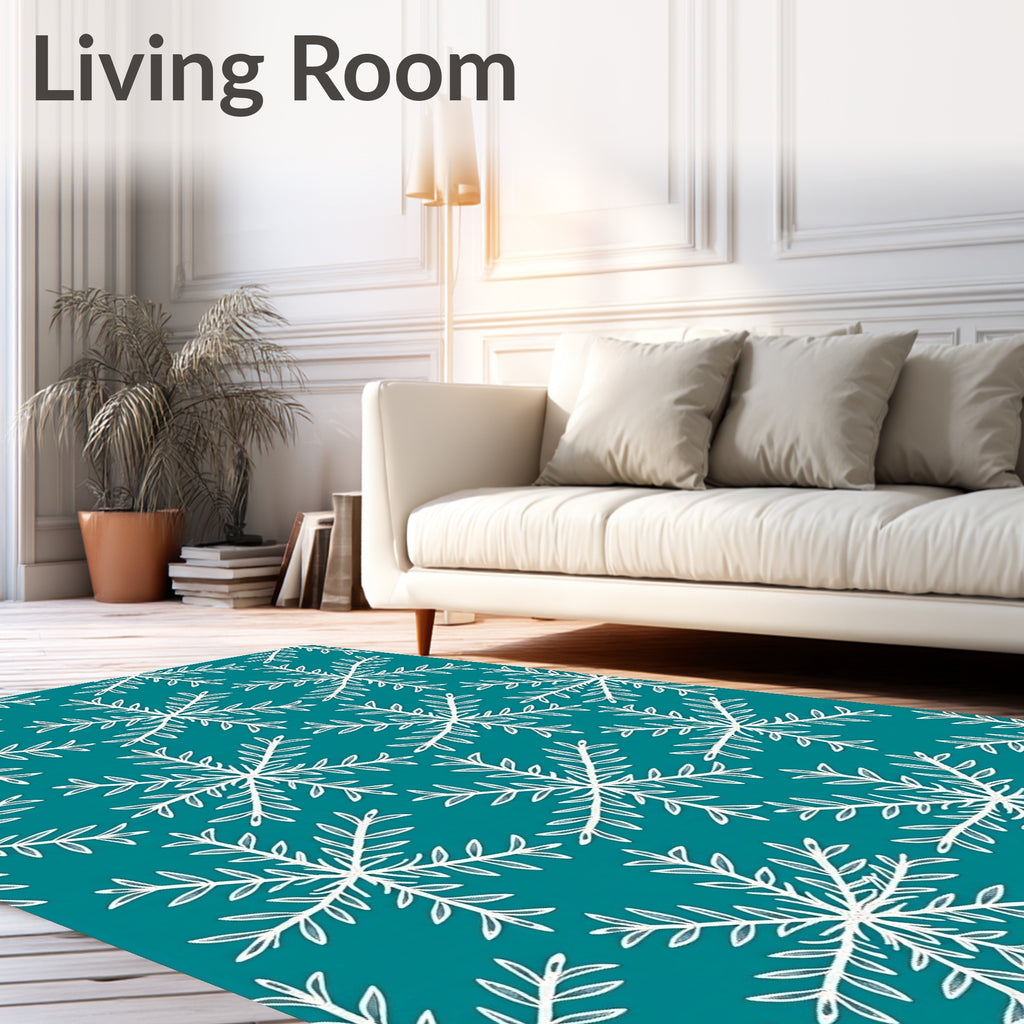 White Snowflake Pattern on Teal Background Rug