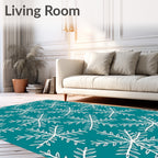 White Snowflake Pattern on Teal Background Rug