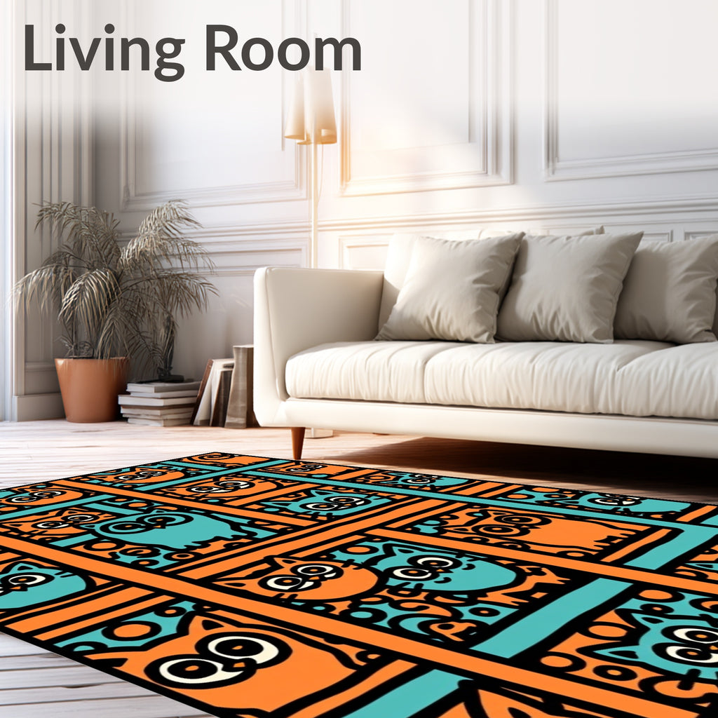Orange Teal Cats Owls Pattern Rug