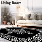 Elegant Black White Filigree Scroll Pattern Rug