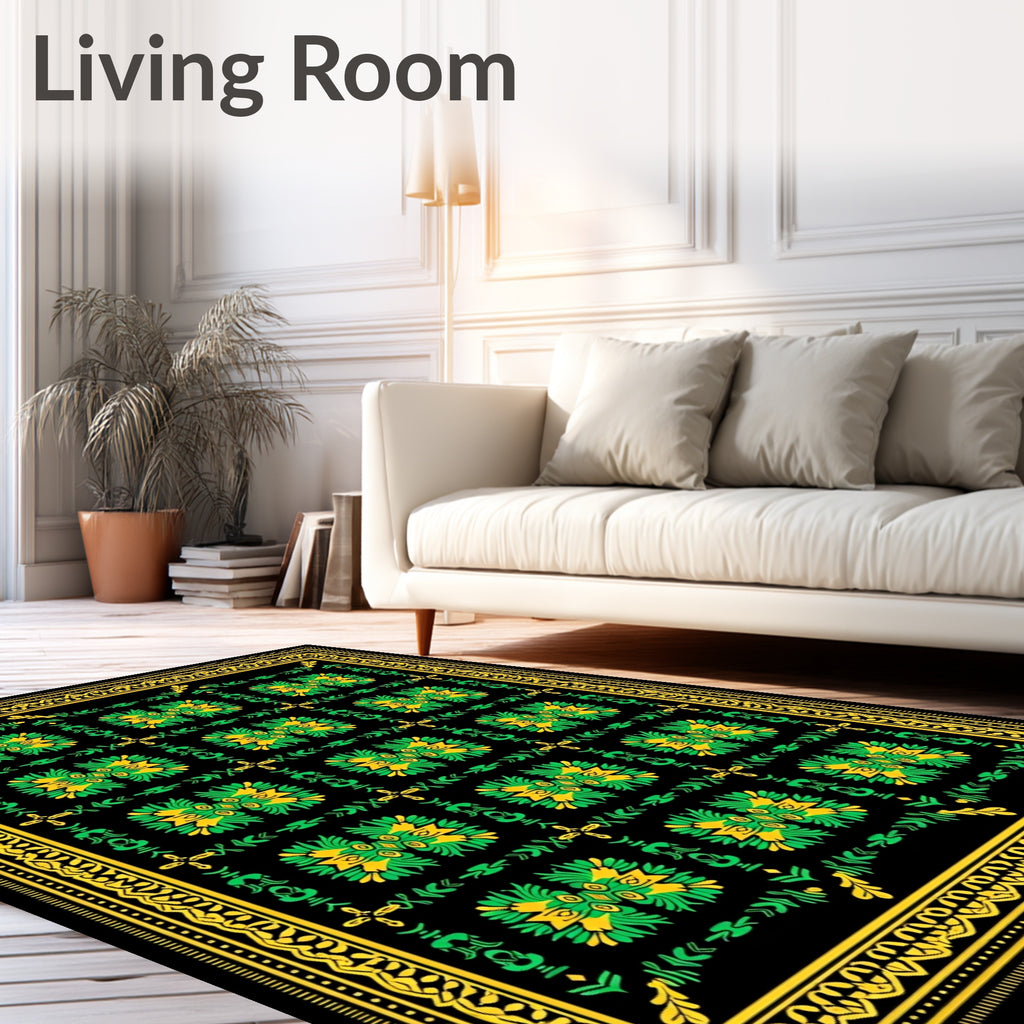 Ornate Green Yellow Floral Pattern Rug