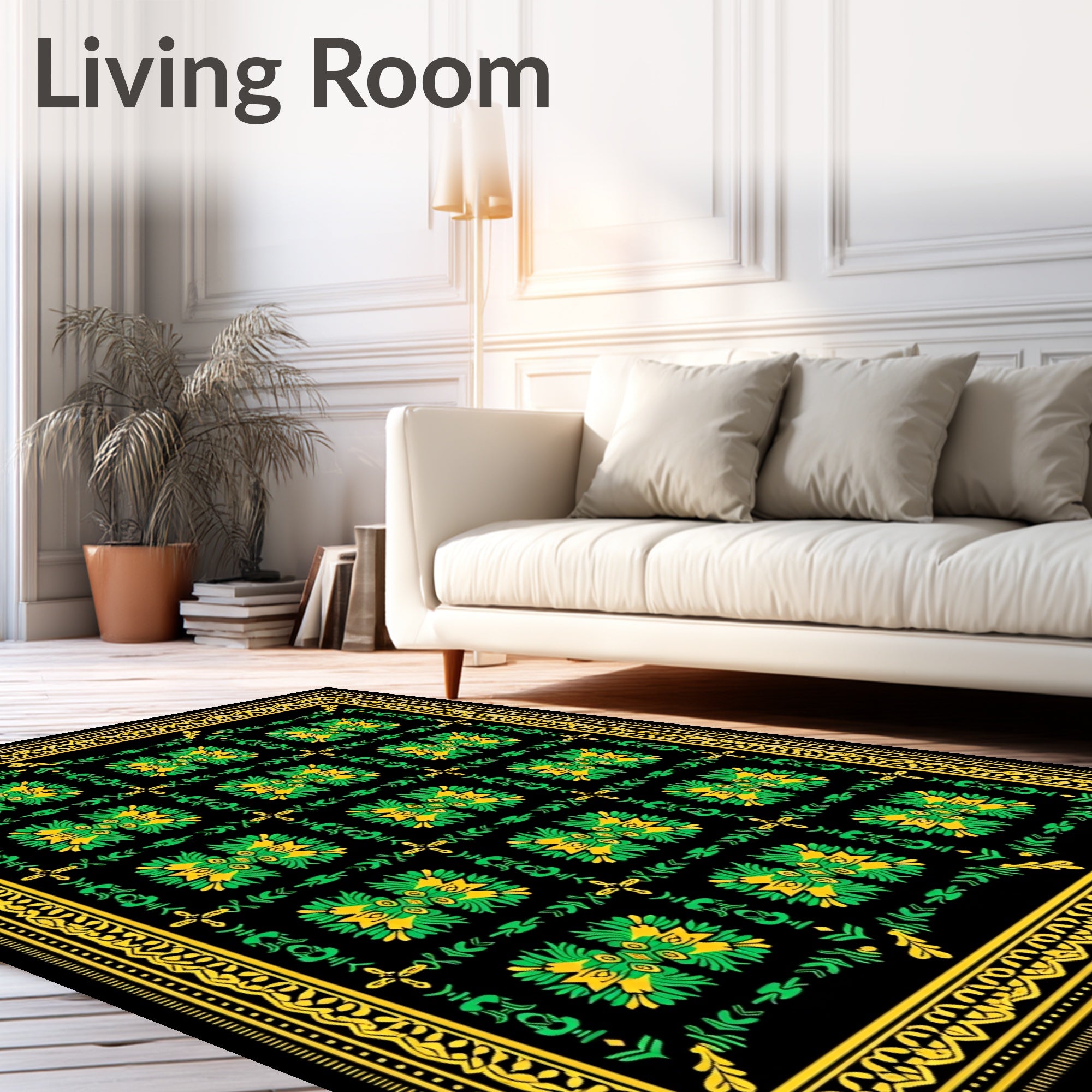 Ornate Green Yellow Floral Pattern Rug
