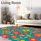 Retro Floral Pattern on Teal Background Rug