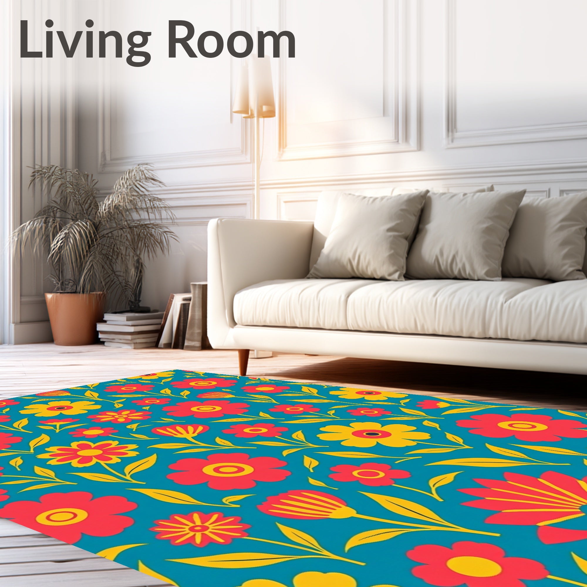 Retro Floral Pattern on Teal Background Rug