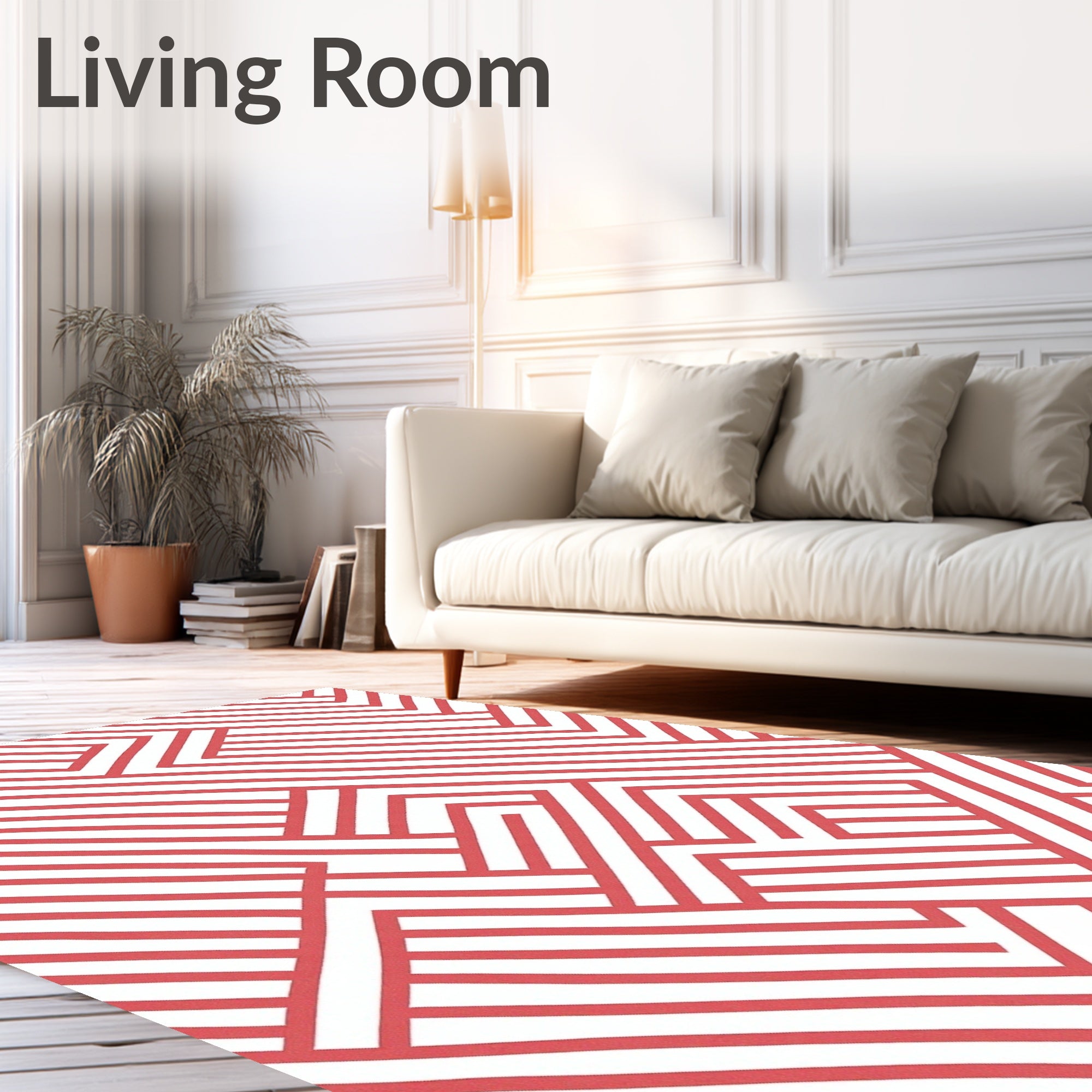 Coral And White Interlocking Geometric Pattern Rug