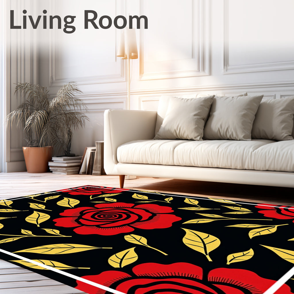 Bold Red Gold Rose Floral Pattern Rug