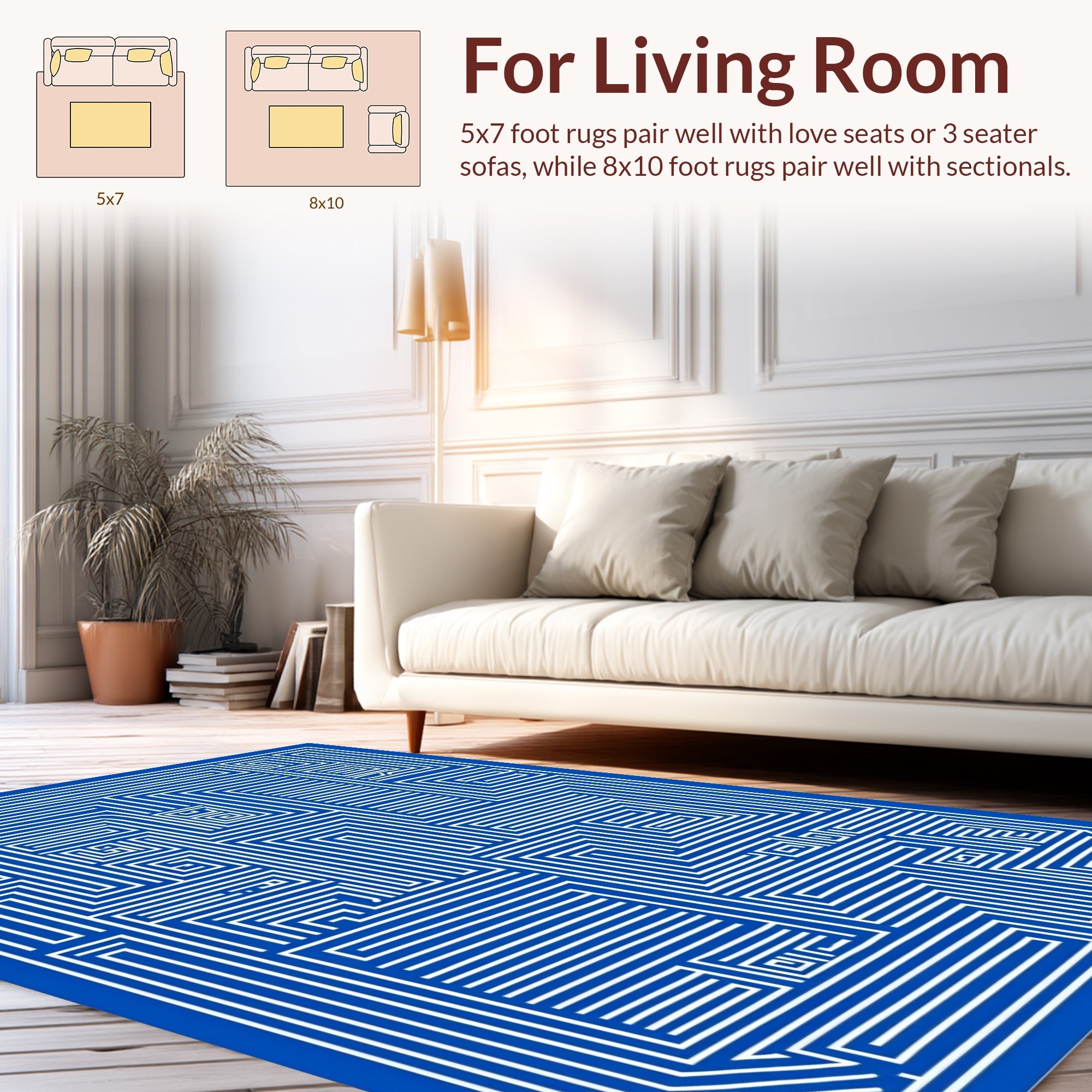 Abstract Blue White Geometric Maze Design Rug