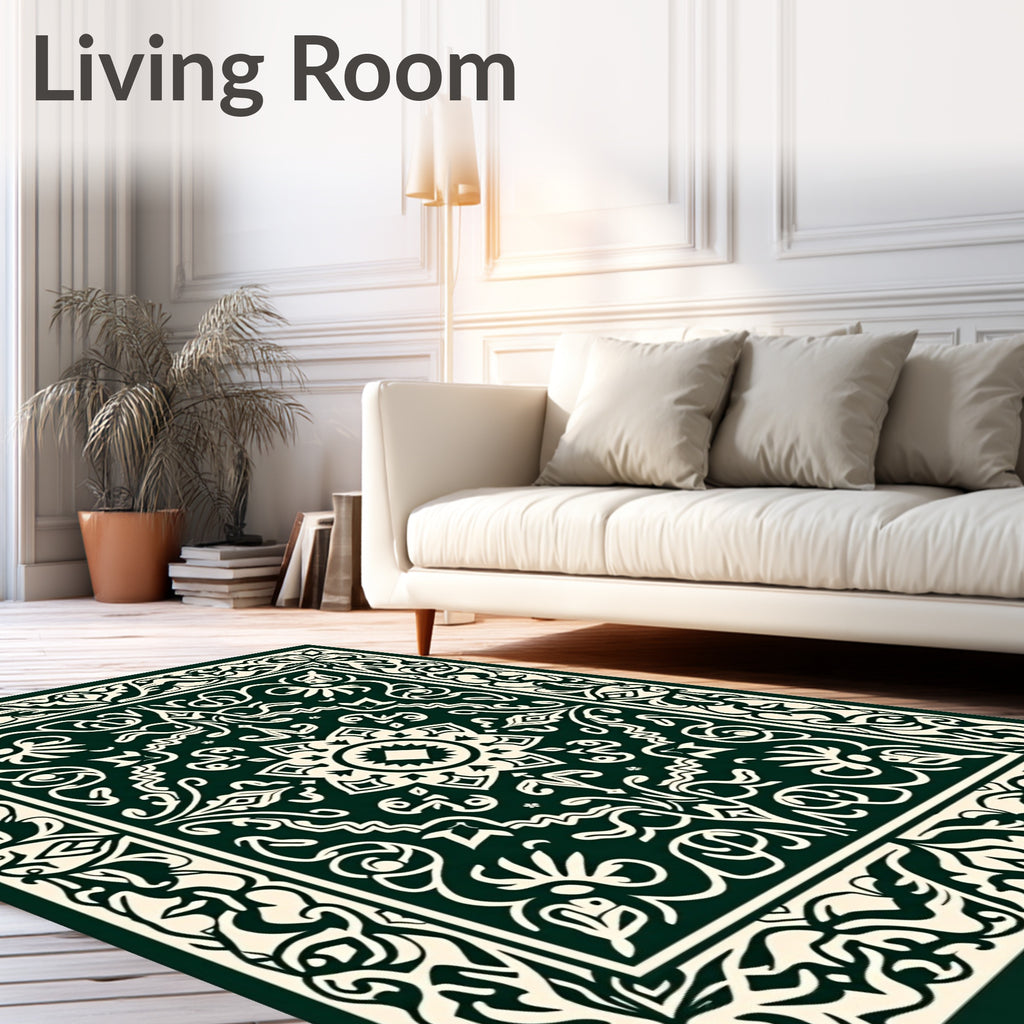 Dark Green Ivory Intricate Floral Pattern Rug