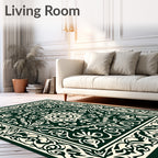 Dark Green Ivory Intricate Floral Pattern Rug