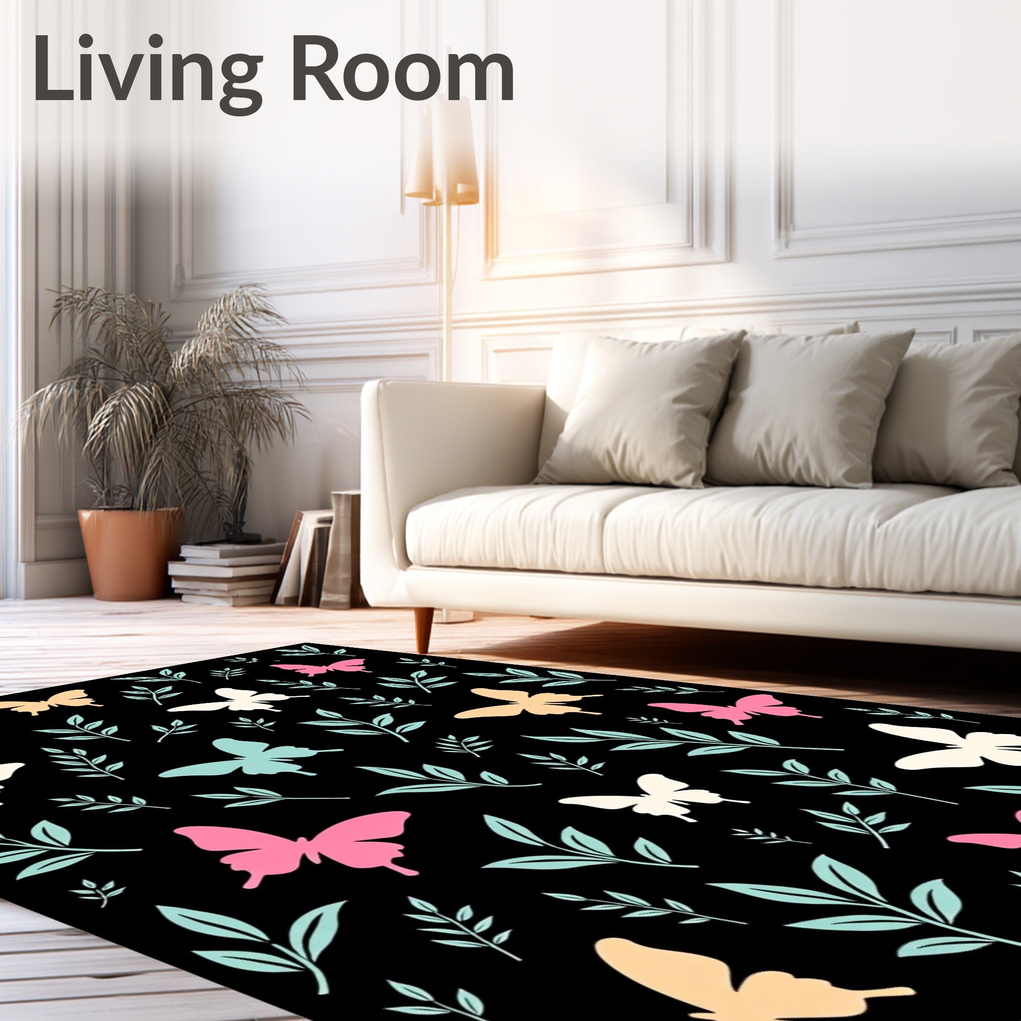 Whimsical Butterfly and Leaf Pattern Rug