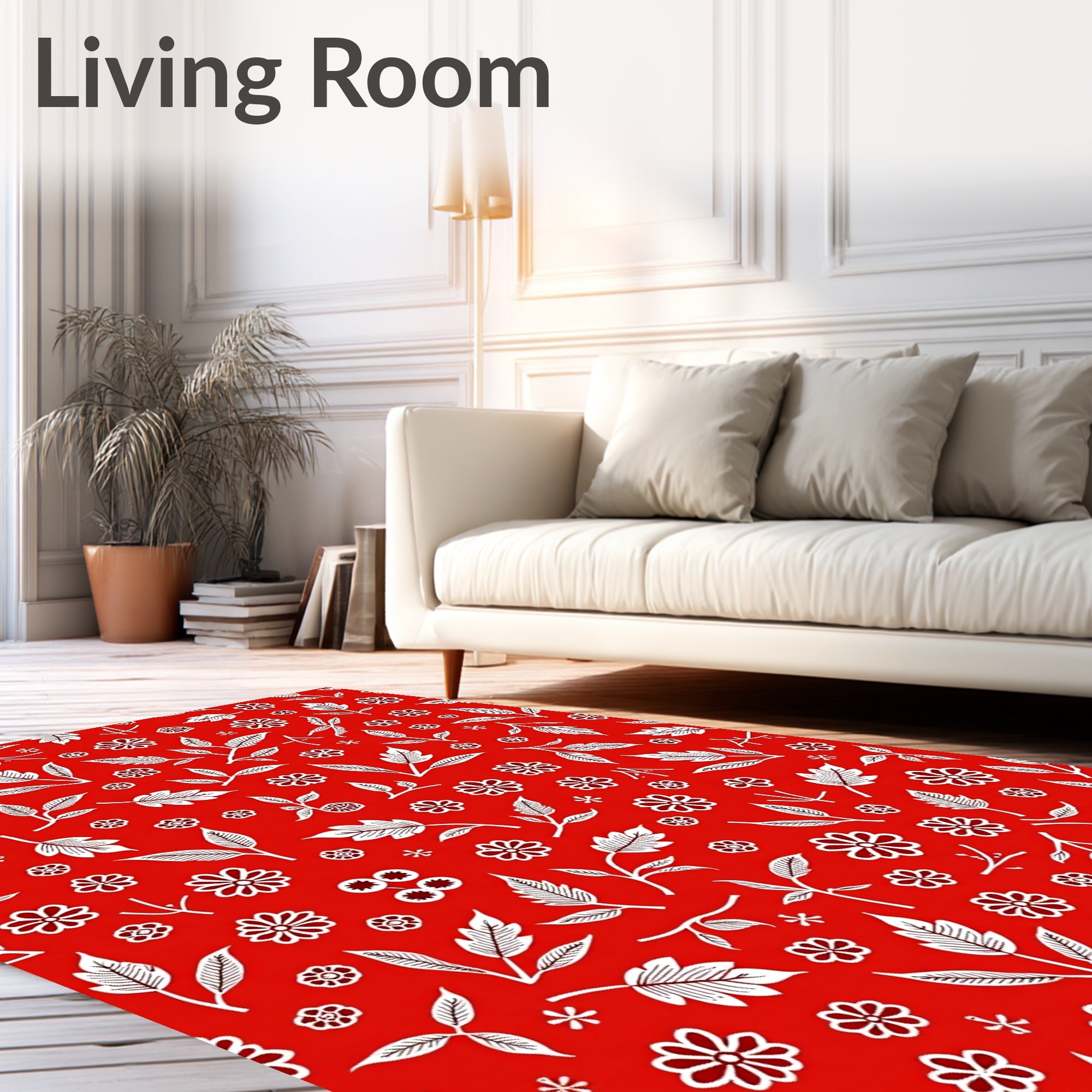 Red White Floral Leaf Pattern Rug