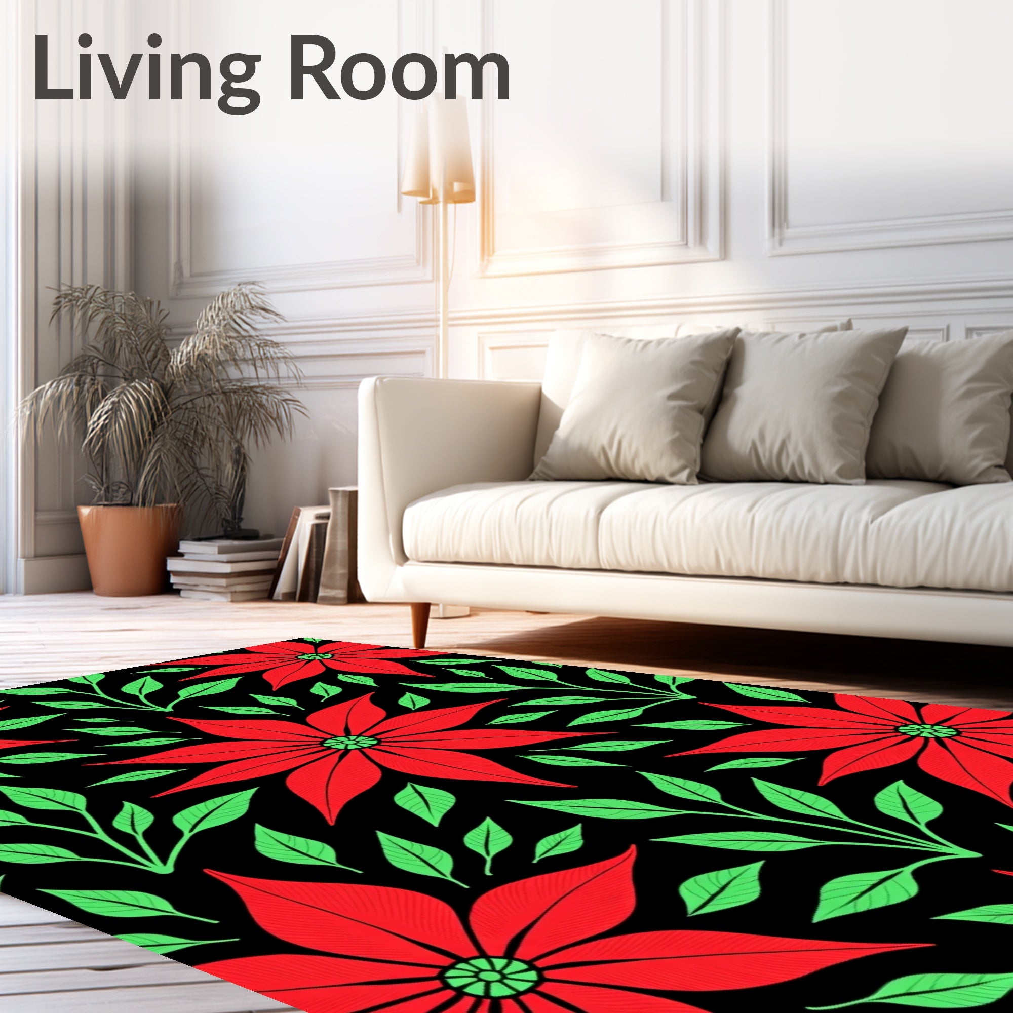 Crimson Red Poinsettia Floral Vines Rug