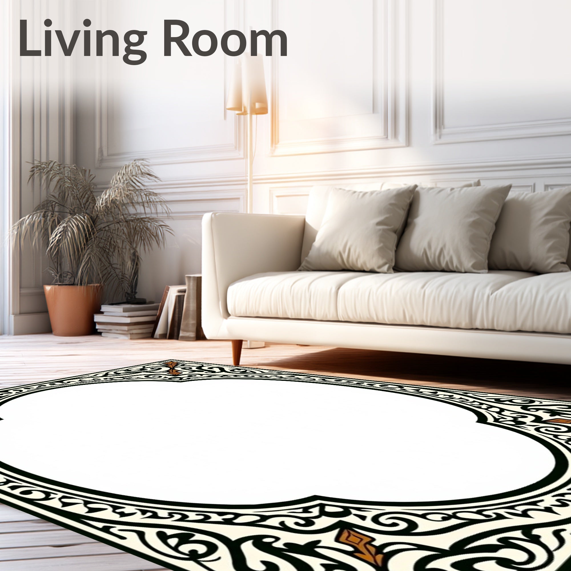 Intricate Scrollwork Beige Black Pattern Rug