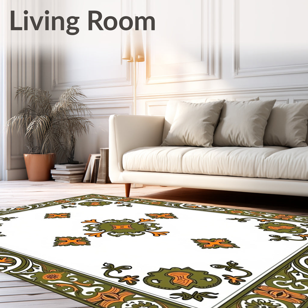 Ornate Green Orange Floral Print Rug