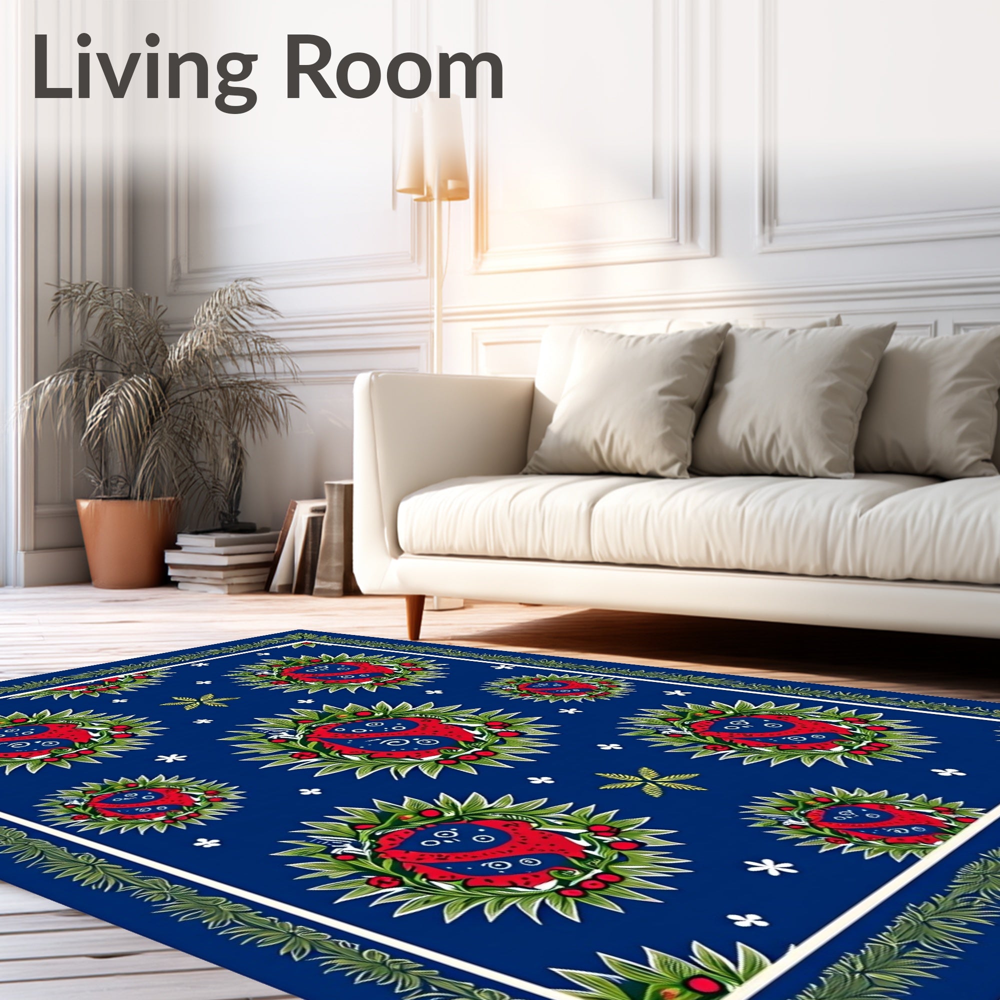 Deep Blue Red Green Floral Wreath Rug