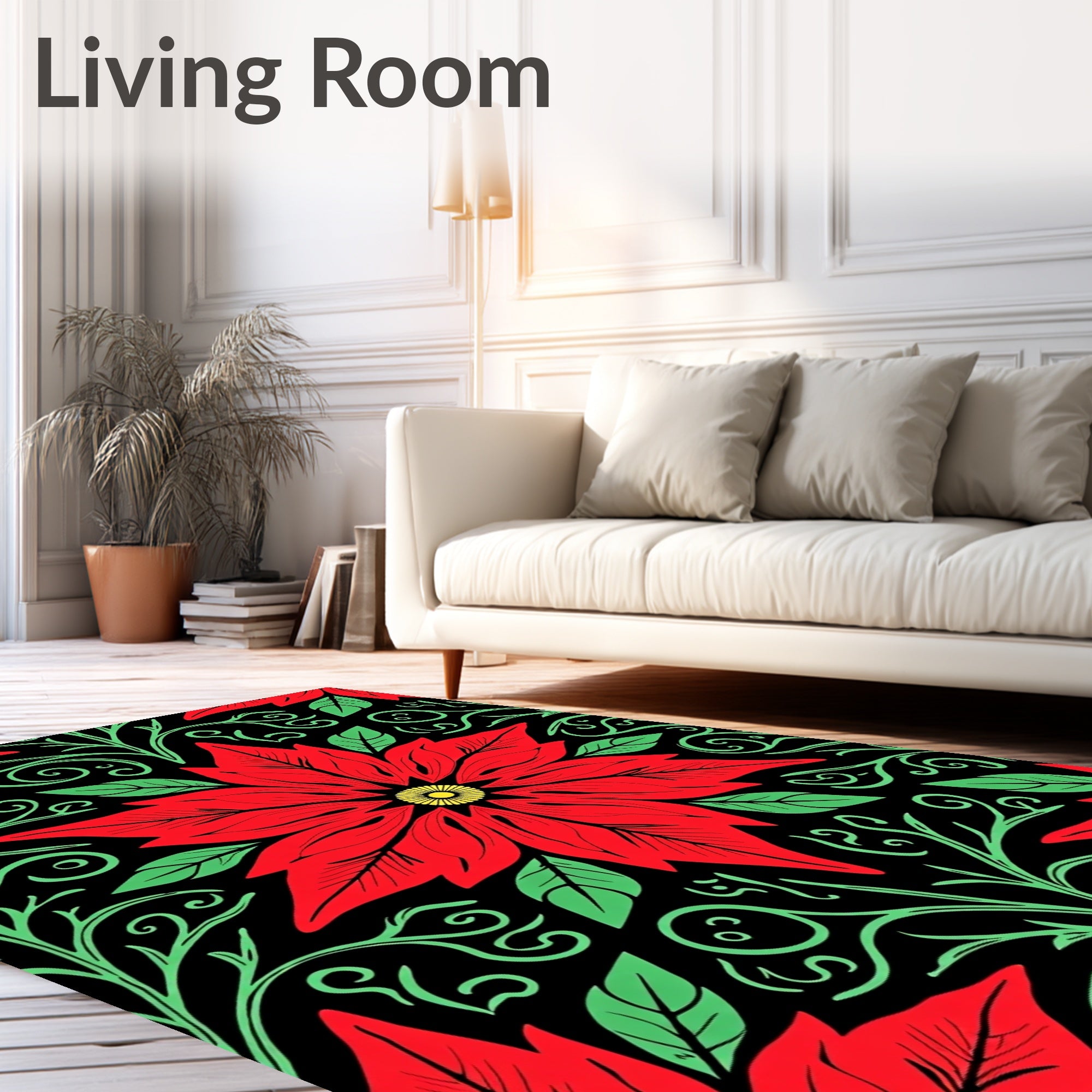 Bold Red Flower With Green Vines Rug