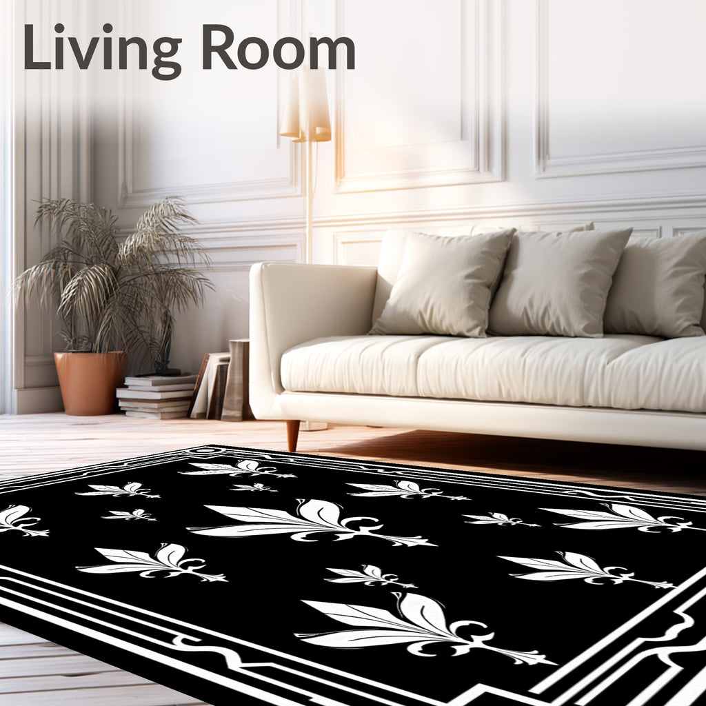 Elegant Black White Fleur-de-lis Pattern Rug
