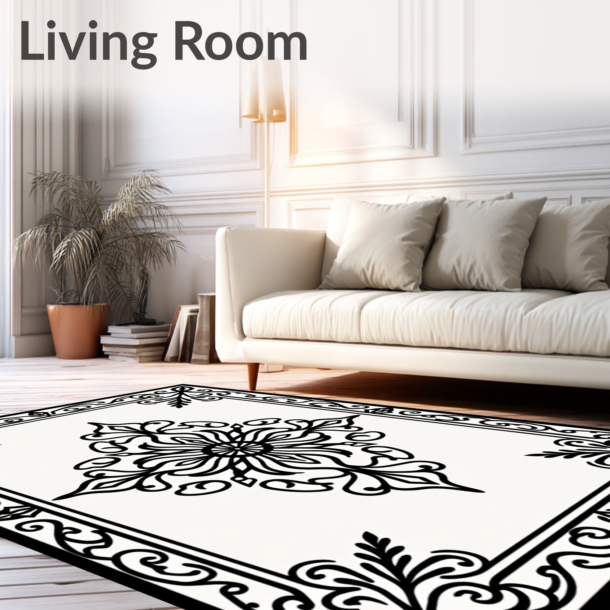 Classic Black White Floral Pattern Rug