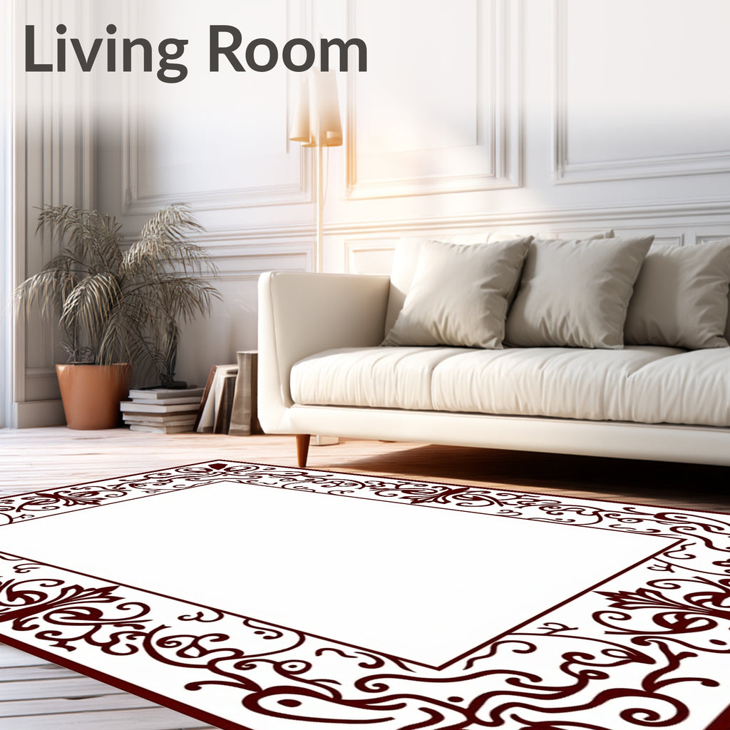 Intricate Dark Red Floral Scroll Frame Rug