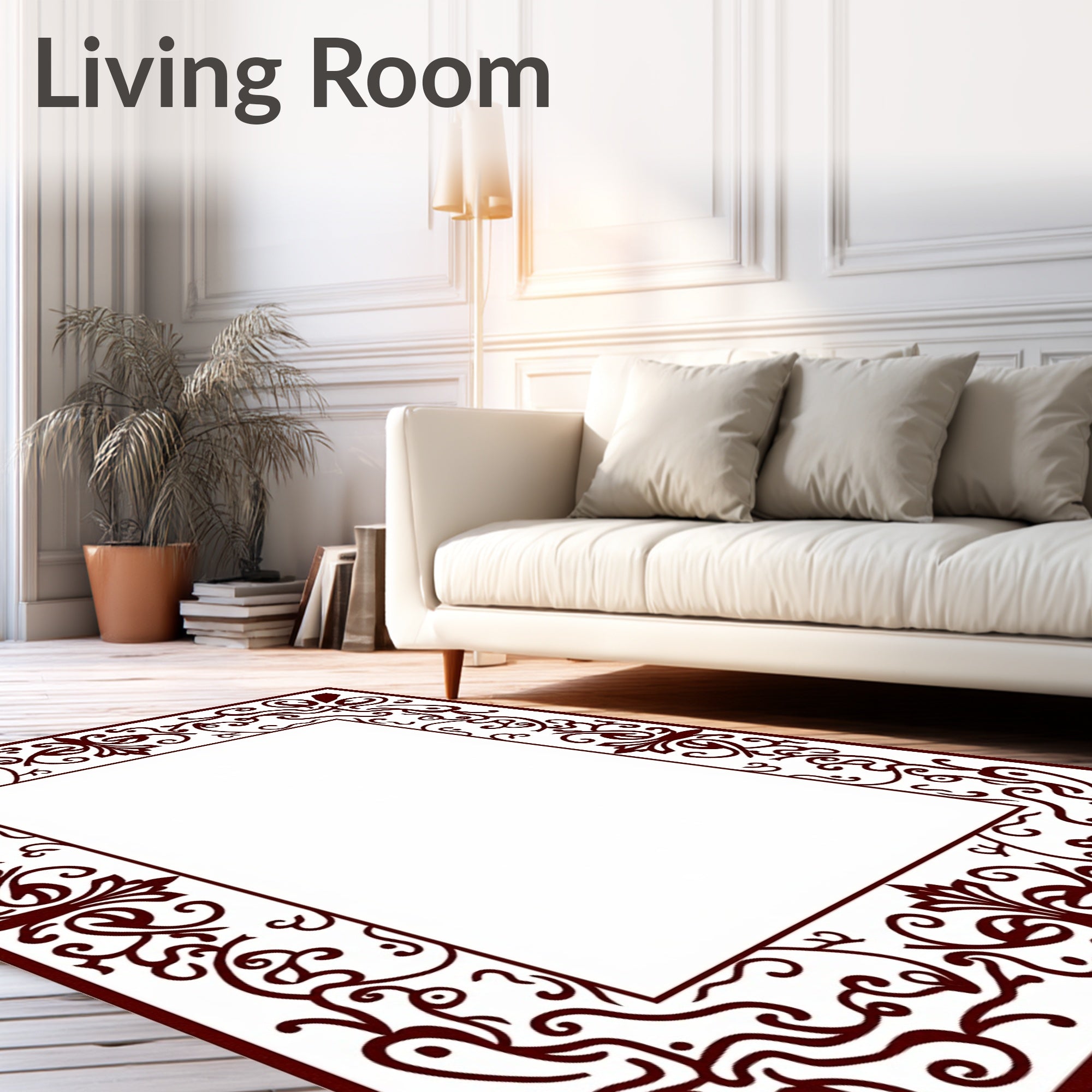 Intricate Dark Red Floral Scroll Frame Rug
