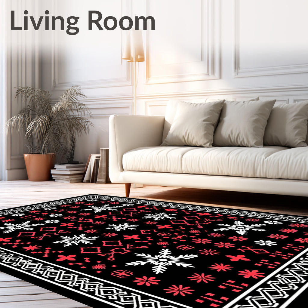 Black Red White Snowflake Pattern Rug