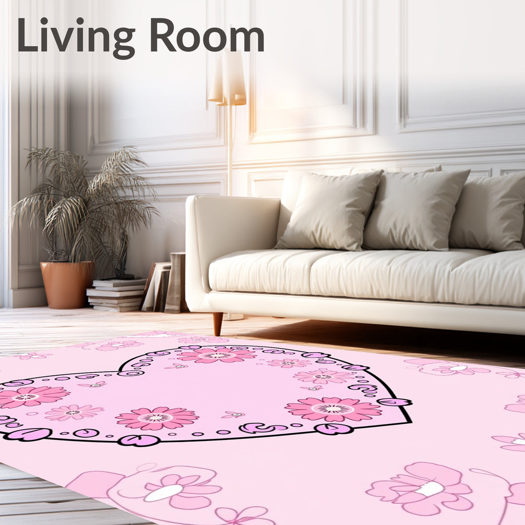 Pink Heart Floral Whimsical Design Rug