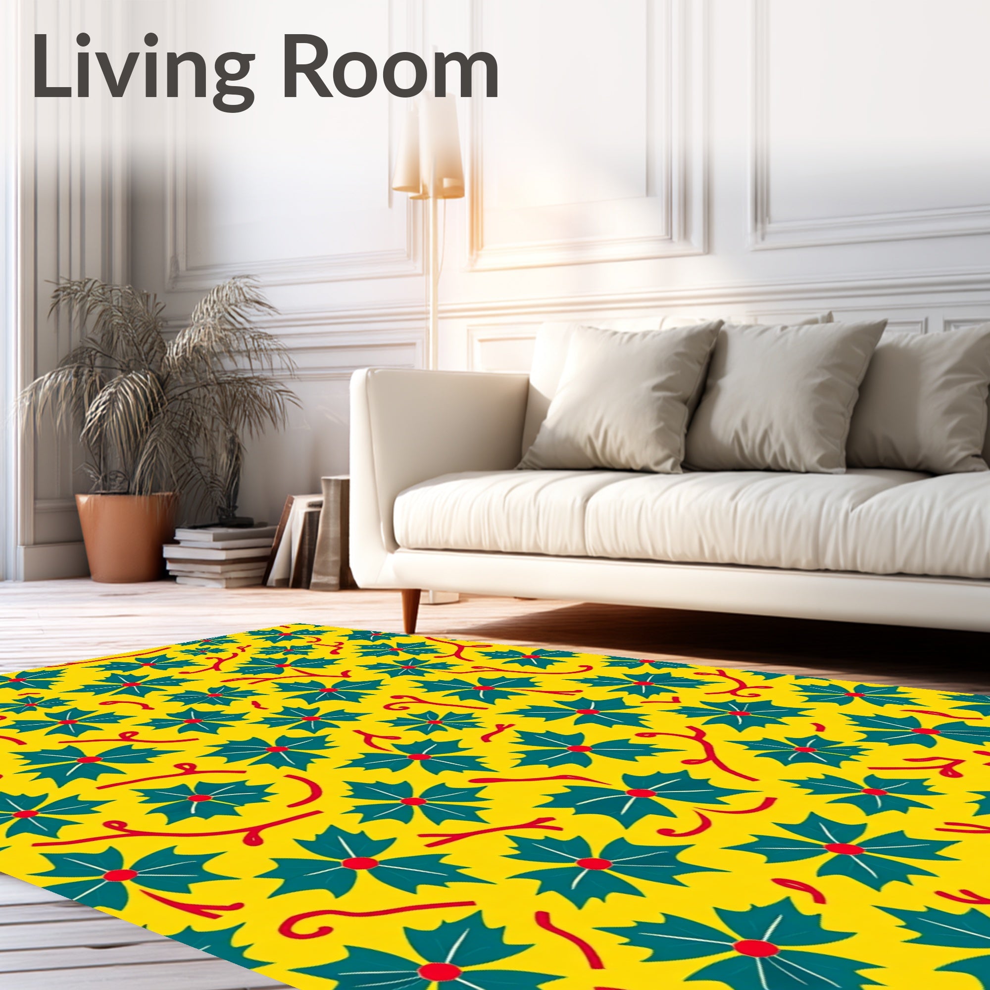 Yellow Leafy Floral Pattern Rug