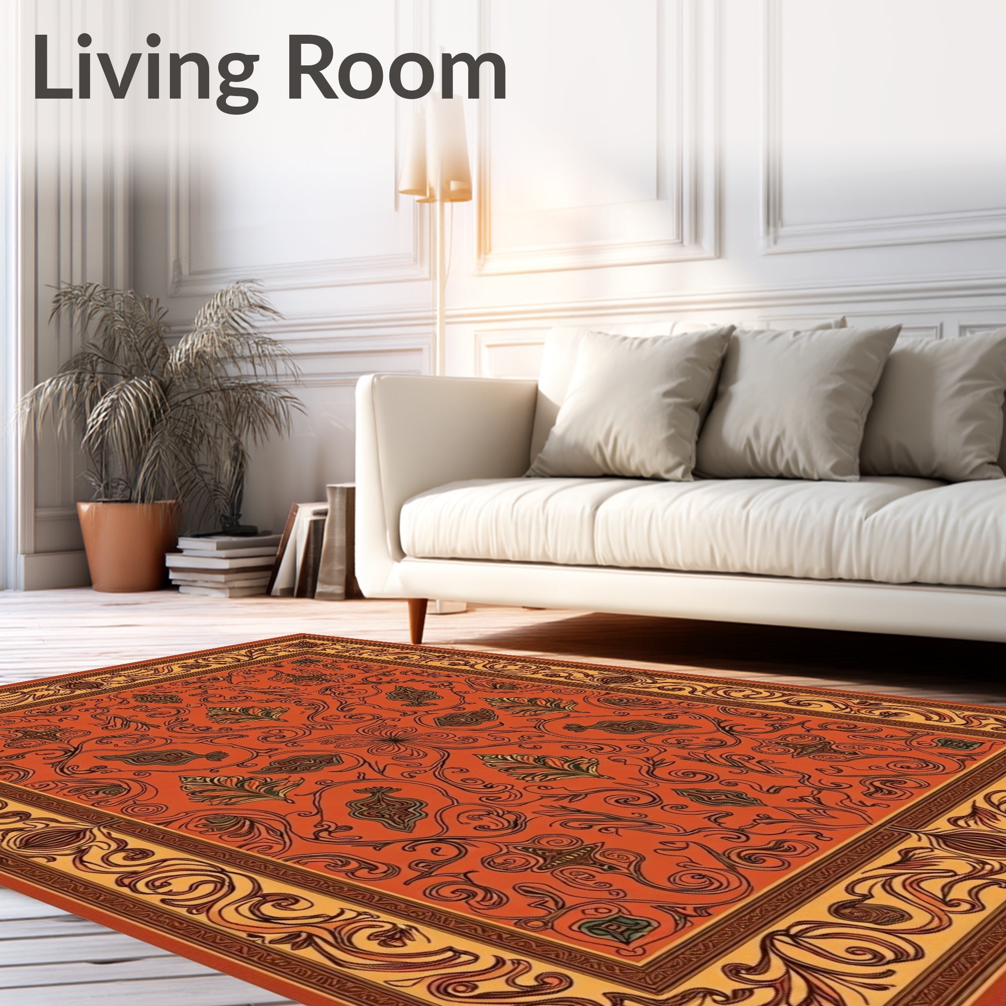 Intricate Floral Border With Deep Orange Tone Rug