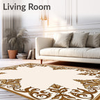 Ornate Floral Scrollwork Golden Brown Border Rug