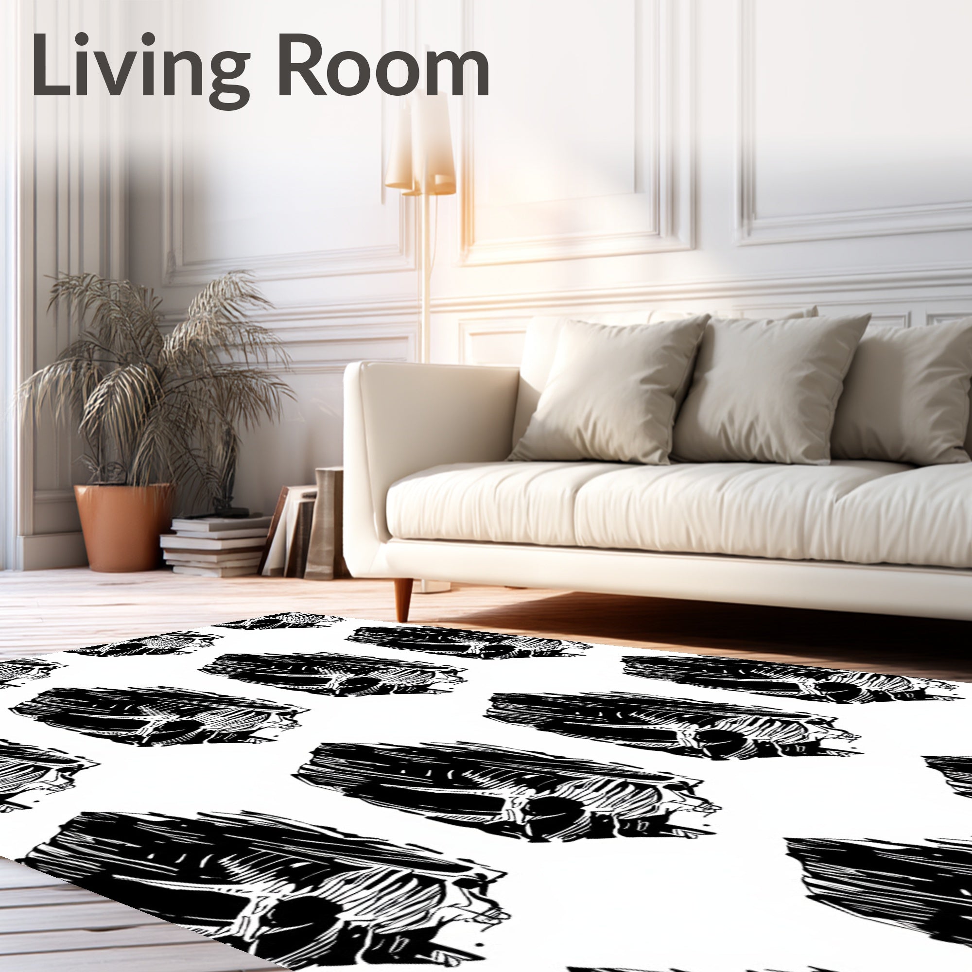 Bold Black White Woodblock Skull Pattern Rug